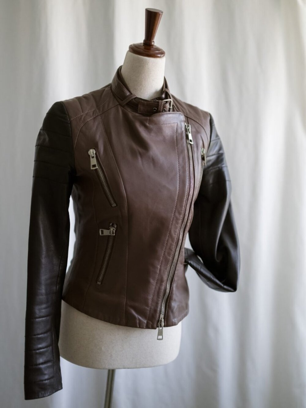 Kenna-T Genuine Leather Moto Jacket Brown Black S worn once